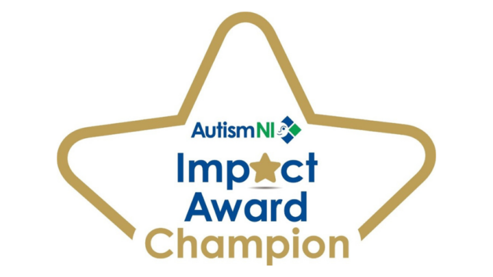 A graphic illustration of Autism Impact 2023 Award Logo. The graphic is the top half of a gold star. Inside the star is the Autism NI logo with text below that reads Impact Award Champion.
