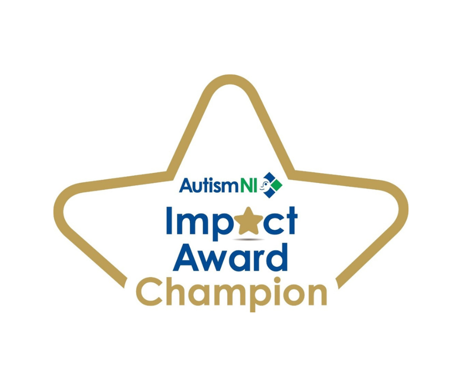 A graphic illustration of Autism Impact 2023 Award Logo. The graphic is the top half of a gold star. Inside the star is the Autism NI logo with text below that reads Impact Award Champion.