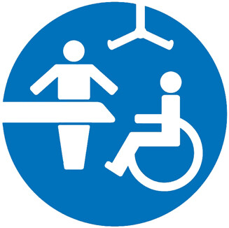 Changing Places logo - blue circle with white symbols including a wheelchair user and a hoist